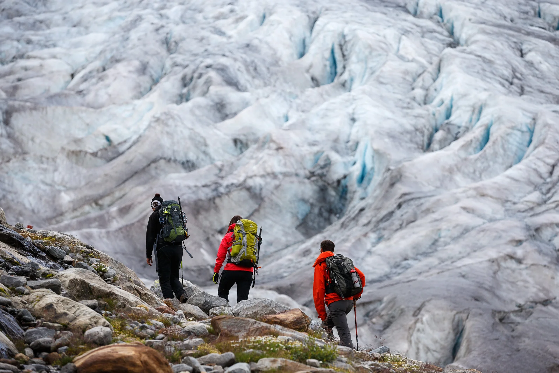 Hochtour: drei Wanderer laufen mit Rucksack über den Gepatschferner zur Rauhekopfhütte. | © DAV/Marco Kost